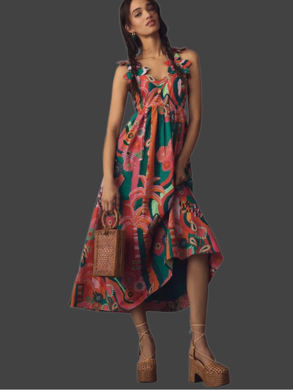 NWT Farm Rio Floral Appliqué Tropical Open Back Pleated Palm Midi Dress Size XS - Picture 2 of 10